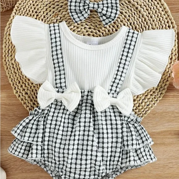 Checkered two piece stylish bow romper - Picture 2 of 3